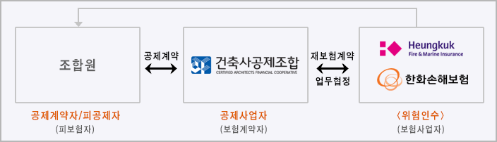 조합원(공제계약자/피공제자)(피보험자)는 건축사공제조합 (공제사업자)(보험계약자)와 공제계약을 맺고 손해보험사(흥국화재,한화손해보험) (위험인수)(보험사업자)와 재보험계약 업무협정을 맺는다